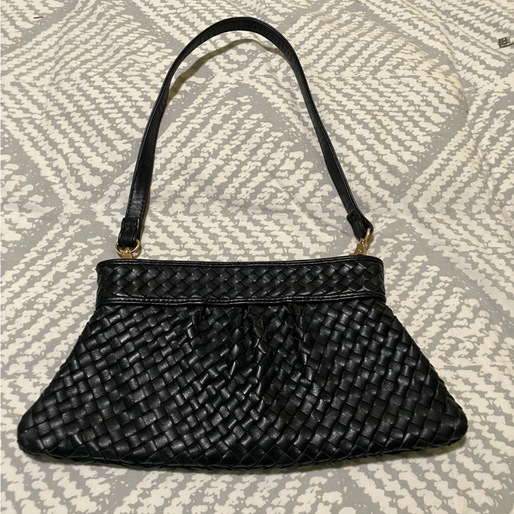 Sondra Roberts Woven Black Leather Clutch With Detachable Strap